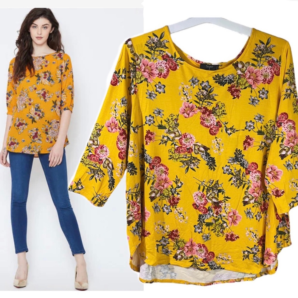 T TAHARI floral soft stretch yellow blouse women’s plus Size 1X